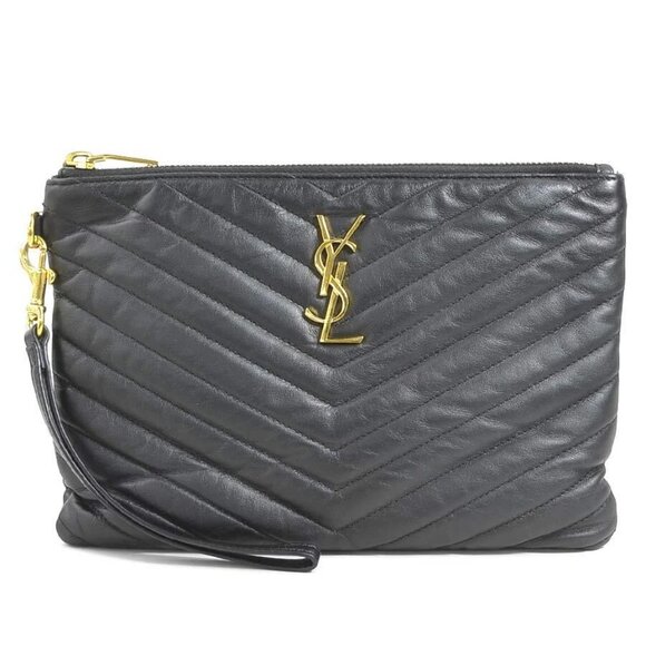 Auth SAINT LAURENT Clutch Bag Black/Gold Leather/Metal
